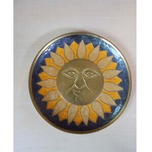 Vtg Celestial Sun Face or Sunflower Wall Enamel and Brass Hanging Plate Plaque